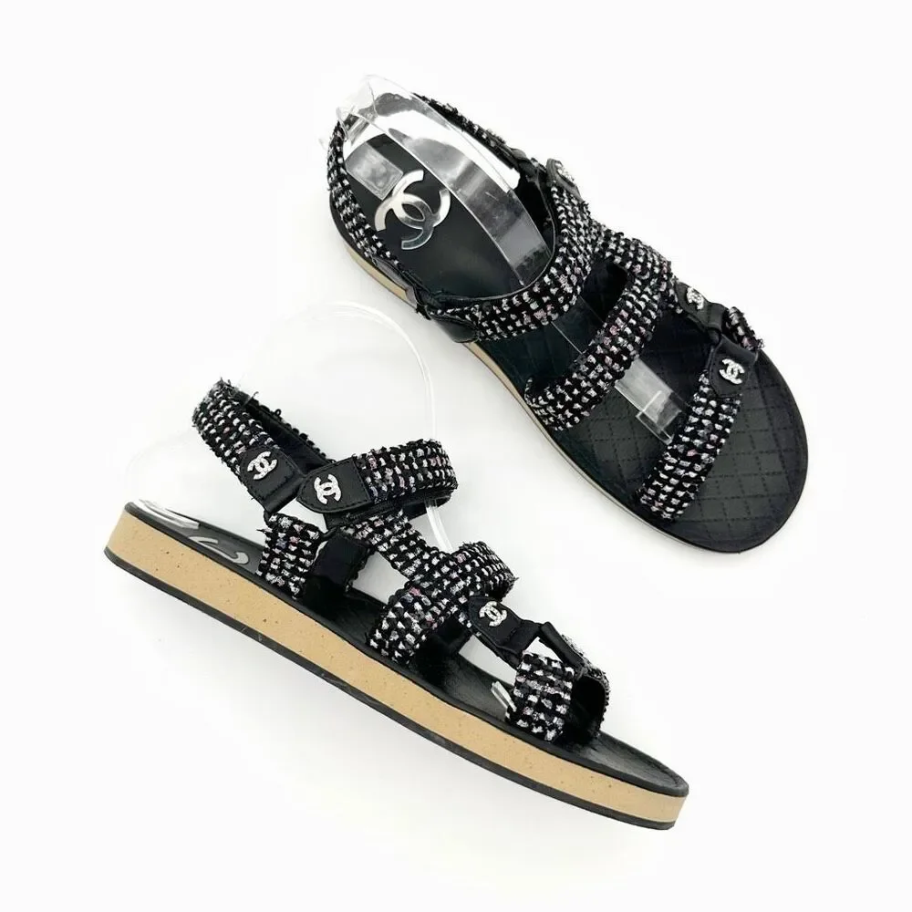 CHANEL Black Tweed Sequin Crystal Interlocking CC Dad Sandal Size 39.5 Slingback